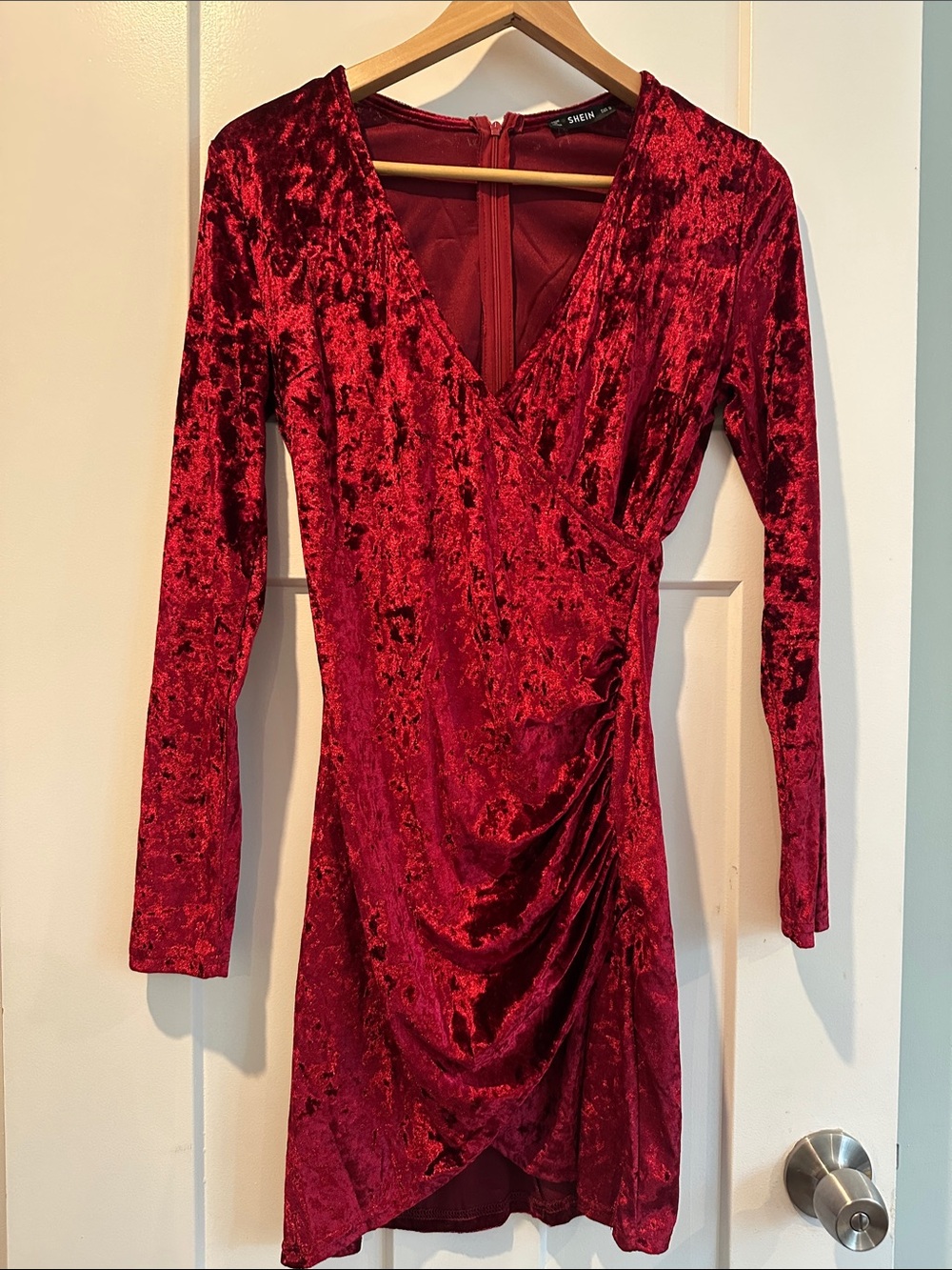 SHEIN Red Crushed Velvet Wrap-Style Long Sleeve Dress